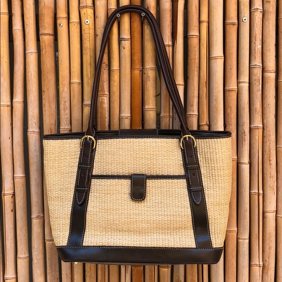 Maxx New York Handbags - MAXX NY Brown Genuine Leather & Straw Woven Tote